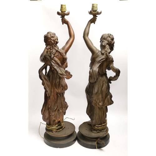 1402 - A pair of patinated spelter figural lamp bases, 63high not including light fitting