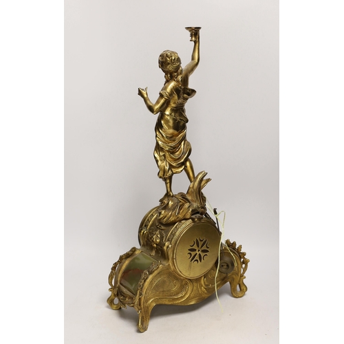 1404 - A French figurative gilt metal and green onyx mantel clock with hand painted dial, 51cm high