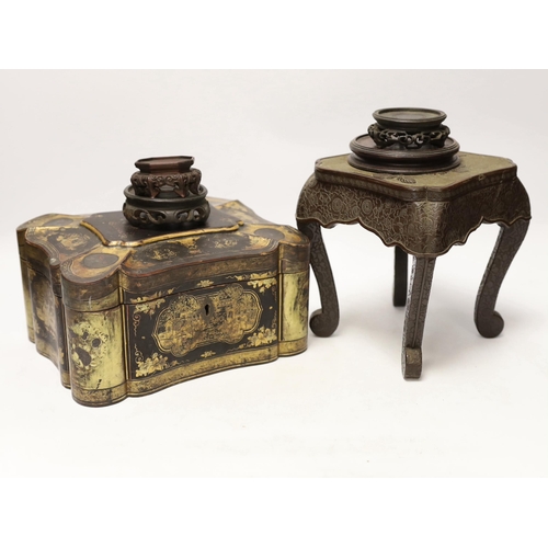 1409 - A Chinese lacquer and gilt casket together with various carved stands, largest 17cm high