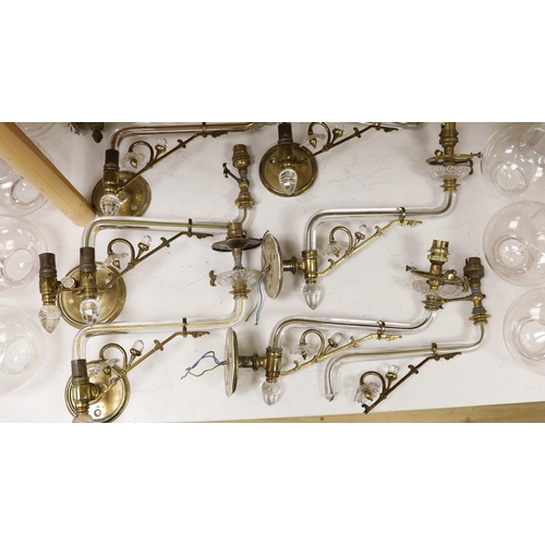 1412 - Seven F&C Osler Gothic style glass and brass wall lights and shades, 32cm deep