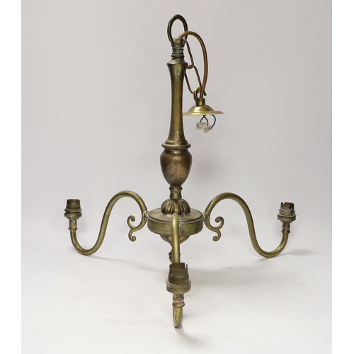 1416 - Three brass desk lamps and a three-branch electrolier together with a brass-mounted ceiling light wi... 