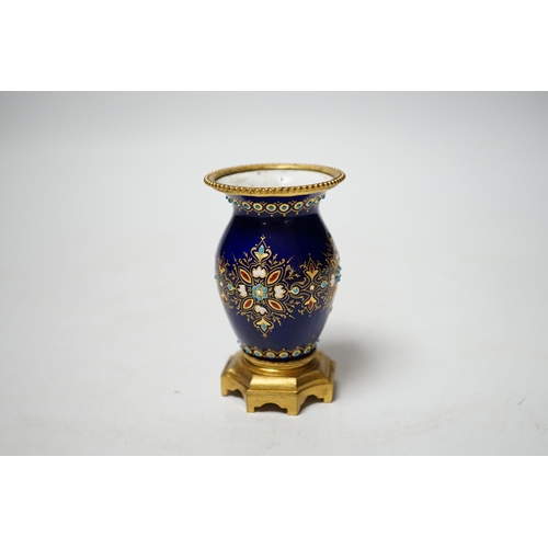 1437 - A small 19th century French jewelled blue enamel and ormolu vase, 8cm