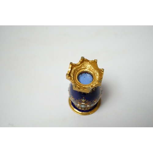 1437 - A small 19th century French jewelled blue enamel and ormolu vase, 8cm