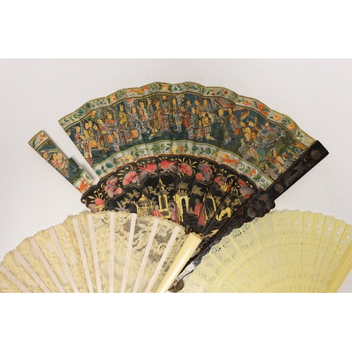 1438 - An early 20th century Chinese painted and lacquer fan, together with two others