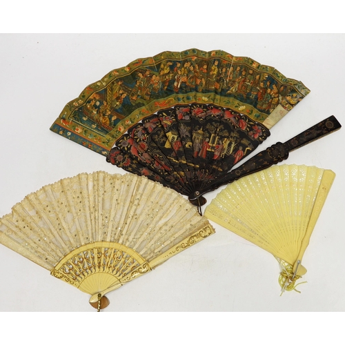 1438 - An early 20th century Chinese painted and lacquer fan, together with two others