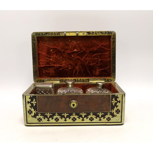 1441 - A William IV Cut brass, mahogany and ebony travelling vanity box, with silver-capped bottles, 24.5cm... 