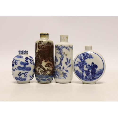 1443 - Three 19th century Chinese blue and white snuff bottles, and a similar underglaze blue and copper re... 