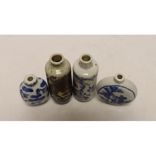 1443 - Three 19th century Chinese blue and white snuff bottles, and a similar underglaze blue and copper re... 