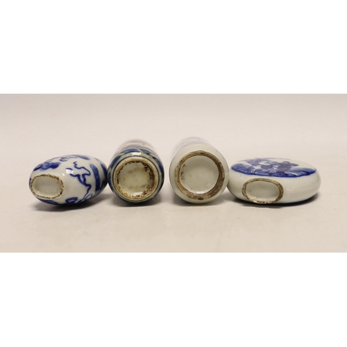 1443 - Three 19th century Chinese blue and white snuff bottles, and a similar underglaze blue and copper re... 