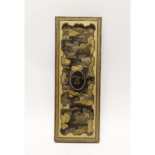 1444 - A 19th century Chinese lacquered games box containing a large collection of mother-of-pearl gaming c... 