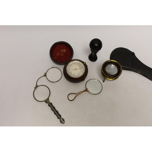 1445 - A pocket barometer, carved wood stag head seal, lorgnette and eyeglass