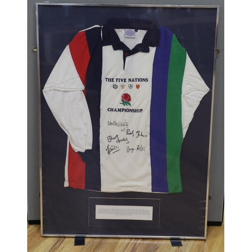 1457 - A framed 1999 Five Nations special edition signed rugby shirt, 82cm wide x 103cm high, including fra... 