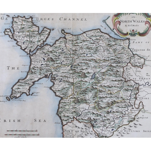 1680 - Robert Morden (1650-1703), hand coloured Map of North Wales, 36 x 44cm