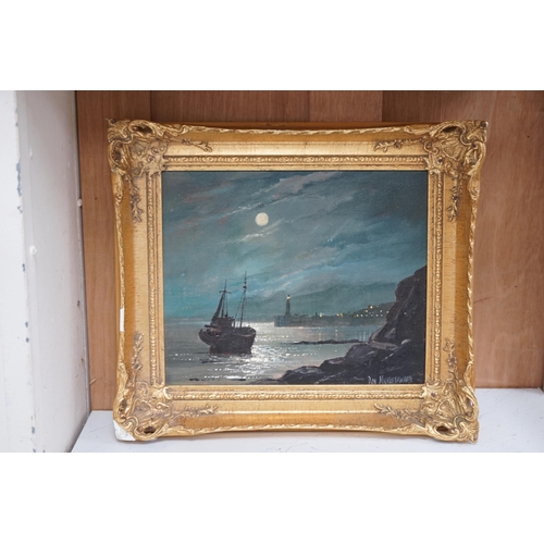 1707 - Don Micklethwaite (b. 1936), oil on canvas board, Moonlit coastal landscape with lighthouse, signed,... 