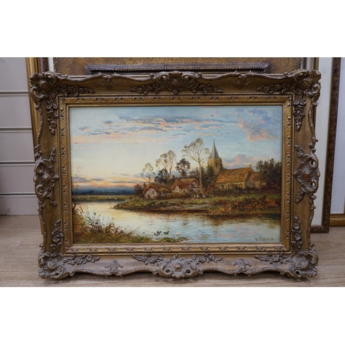 1723 - Daniel Sherrin (1868-1940), oil on canvas, River landscape with church and cottages, signed, 29 x 44... 