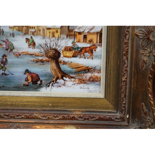 1725 - A West German porcelain plaque hand painted with a winter landscape and figures skating, indistinctl... 