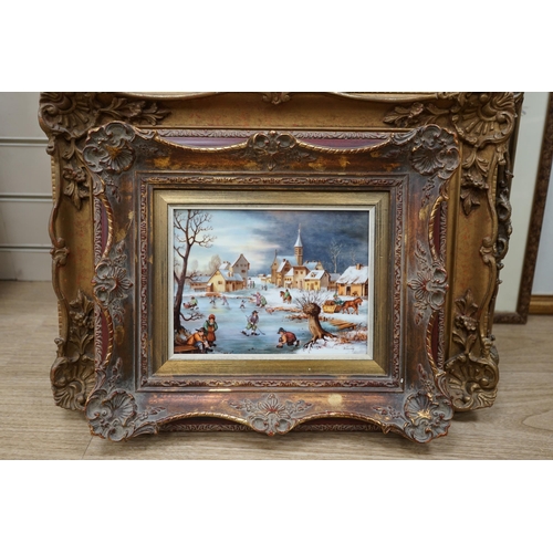 1725 - A West German porcelain plaque hand painted with a winter landscape and figures skating, indistinctl... 