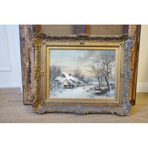 1735 - William Stone (fl.1865-93), oil on canvas, Winter landscape with thatched cottage and figure, signed... 