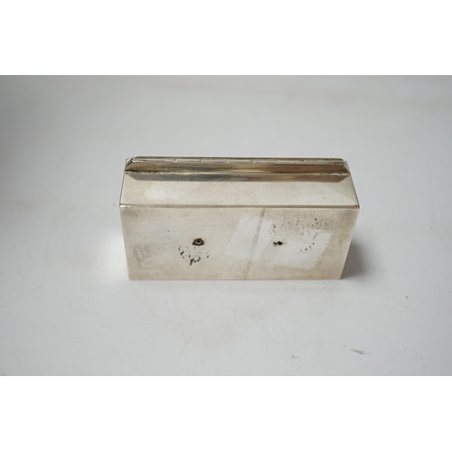 1903 - A continental white metal triple compartment rectangular stamp box(ex surmount?), 72mm.