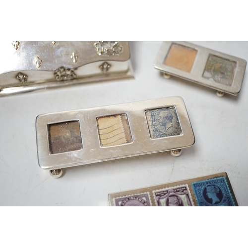 1905 - Four assorted late 19th/early 20th century silver stamp boxes, including triple compartment, one wit... 