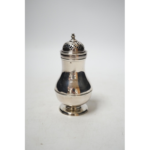 1910 - A George II silver baluster caster, Samuel Meriton I, London, 1746 (cap unmarked), 11.3cm, 100 grams... 