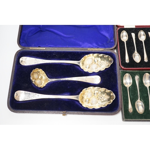 1912 - Three assorted cases of silver flatware, including two sets of six silver teaspoons and a 19th match... 