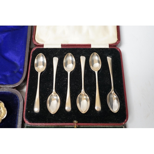 1912 - Three assorted cases of silver flatware, including two sets of six silver teaspoons and a 19th match... 