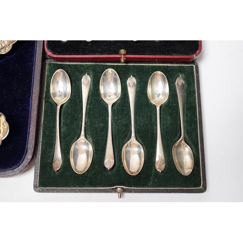 1912 - Three assorted cases of silver flatware, including two sets of six silver teaspoons and a 19th match... 