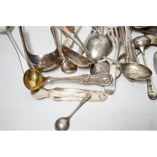 1921 - A small quantity of assorted 19th century and later silver flatware, two white metal spoons and a Vi... 