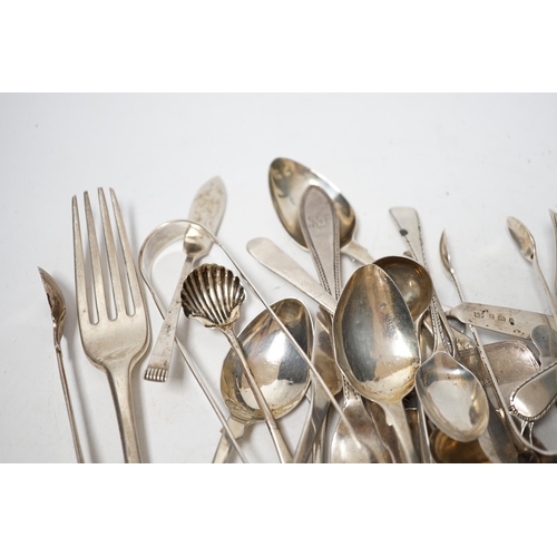 1921 - A small quantity of assorted 19th century and later silver flatware, two white metal spoons and a Vi... 