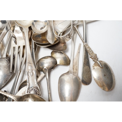 1921 - A small quantity of assorted 19th century and later silver flatware, two white metal spoons and a Vi... 