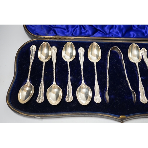 1922 - A cased set of twelve late Victorian silver teaspoons with tongs, William Hutton & Sons, London, 189... 