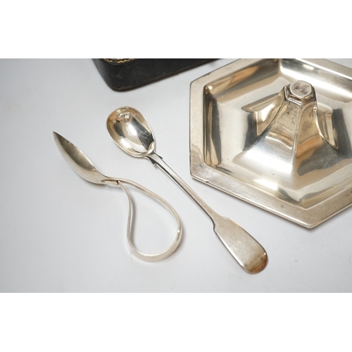 1926 - A Dutch white metal ashtray, with pierced border, 13.1cm and one other silver hexagonal ashtray?, a ... 