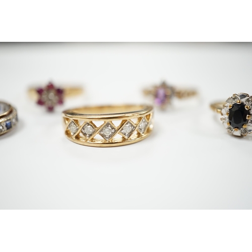 1979 - Five assorted modern 9ct gold and gem set dress rings including ruby and diamond cluster and six sto... 