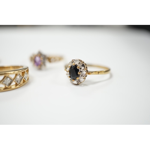 1979 - Five assorted modern 9ct gold and gem set dress rings including ruby and diamond cluster and six sto... 