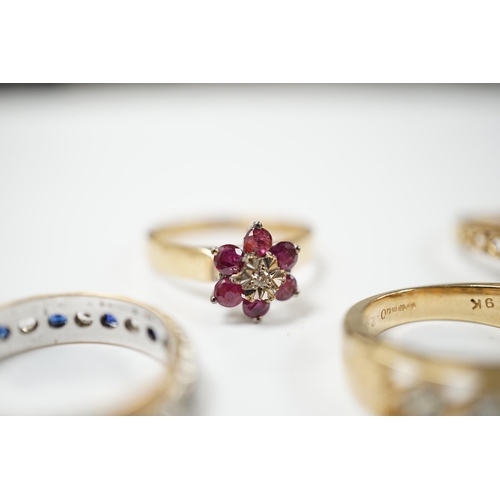 1979 - Five assorted modern 9ct gold and gem set dress rings including ruby and diamond cluster and six sto... 