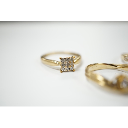 1980 - Three modern 9ct gold and diamond set rings, including solitaire and cluster, gross weight 5.9 grams... 