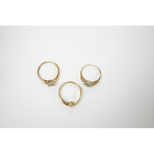 1980 - Three modern 9ct gold and diamond set rings, including solitaire and cluster, gross weight 5.9 grams... 