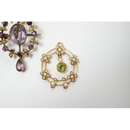 1984 - An early 20th century 9ct, peridot and seed pearl set drop pendant, 25mm and one other yellow metal ... 