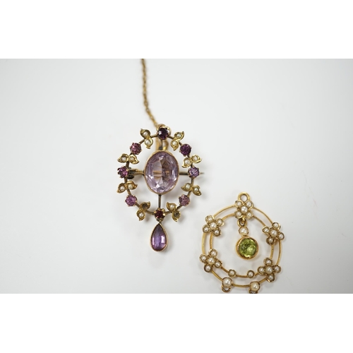 1984 - An early 20th century 9ct, peridot and seed pearl set drop pendant, 25mm and one other yellow metal ... 