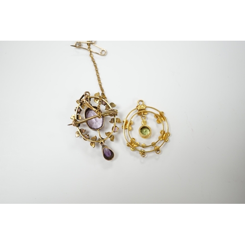 1984 - An early 20th century 9ct, peridot and seed pearl set drop pendant, 25mm and one other yellow metal ... 