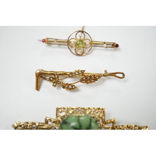 1988 - A modern 9ct gold, turquoise and diamond set bar brooch, 69mm and two Edwardian 9ct and gem set bar ... 