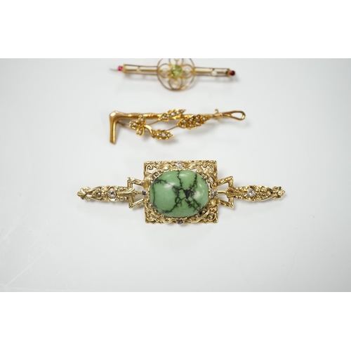 1988 - A modern 9ct gold, turquoise and diamond set bar brooch, 69mm and two Edwardian 9ct and gem set bar ... 