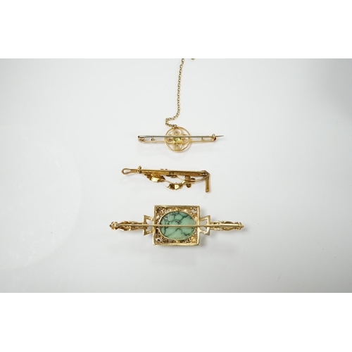 1988 - A modern 9ct gold, turquoise and diamond set bar brooch, 69mm and two Edwardian 9ct and gem set bar ... 