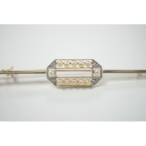 1989 - A Belle Epoque 15ct, diamond and seed pearl set bar brooch, 63mm, gross weight 3.9 grams.