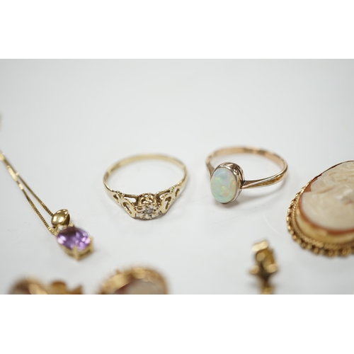 1993 - Two 9ct and gem set rings, including diamond chip and white opal, a 9ct and amethyst set pendant nec... 