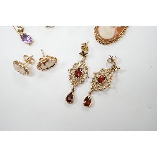 1993 - Two 9ct and gem set rings, including diamond chip and white opal, a 9ct and amethyst set pendant nec... 