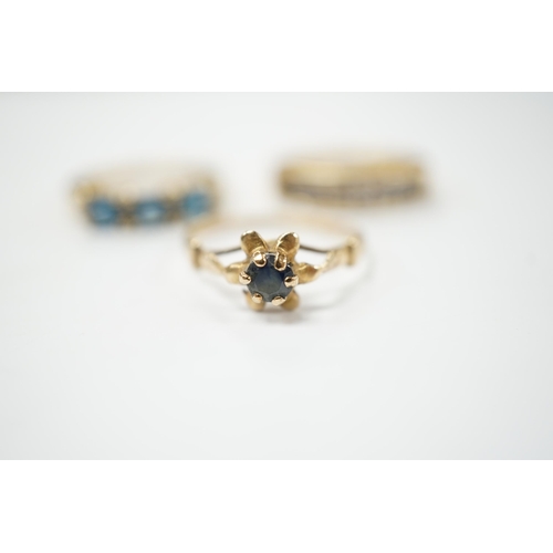 2006 - Two 9ct gold dress rings, one set with sapphire and diamonds, the other a single sapphire, and a dia... 