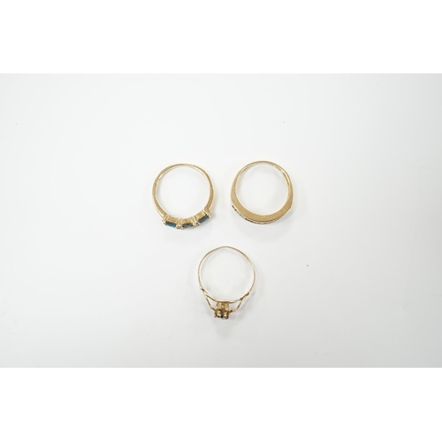 2006 - Two 9ct gold dress rings, one set with sapphire and diamonds, the other a single sapphire, and a dia... 