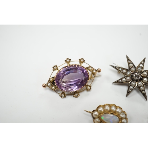 2008 - An early 20th century 9ct, amethyst and seed pearl set oval brooch, 33mm, a yellow metal and seed pe... 